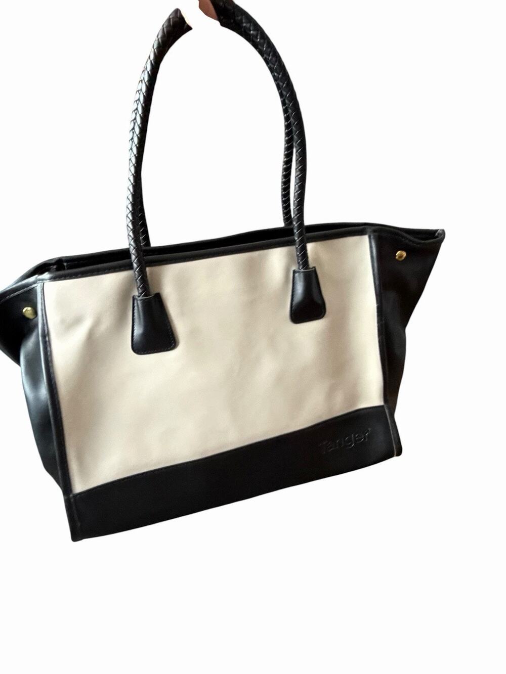 Tanger Leather Black And Cream Large Bag With Handle And Shoulder Strap